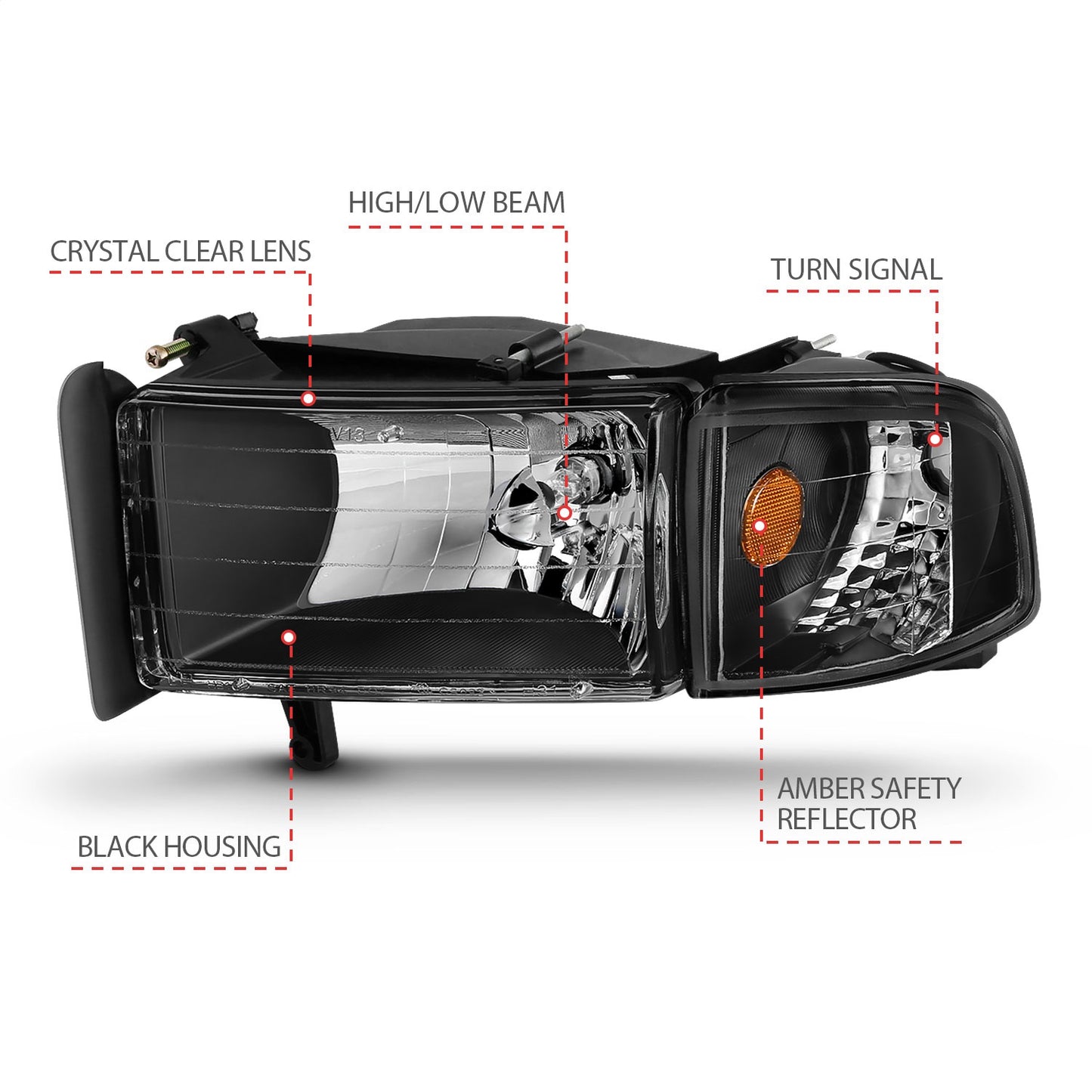 Anzo USA | Crystal Headlight Set Clear Lens Black Housing w/Corner Lights 2 pc. Pair | Fits Ram 1500 | 111067