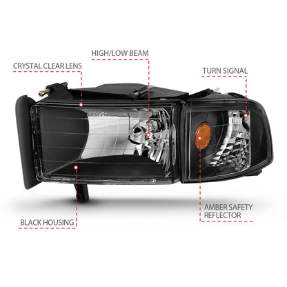 Anzo USA | Crystal Headlight Set Clear Lens Black Housing w/Corner Lights 2 pc. Pair | Fits Ram 1500 | 111067