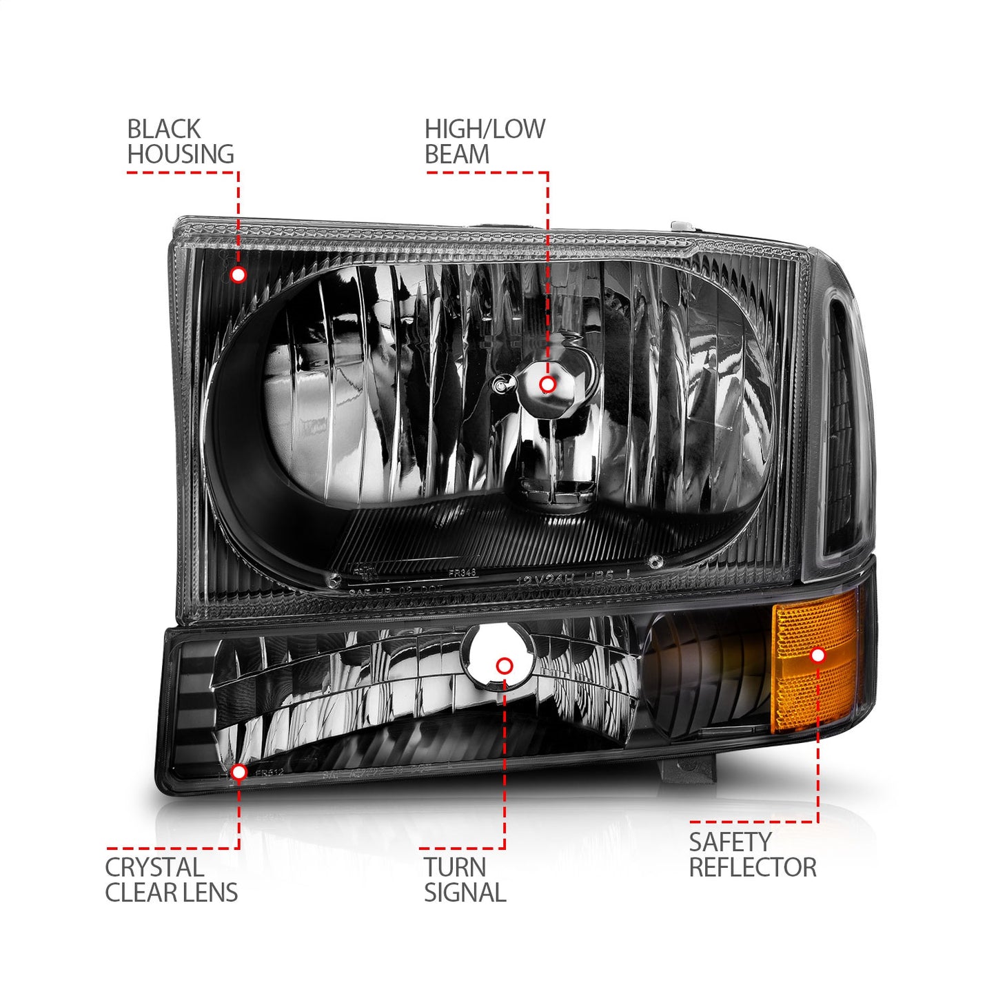 Anzo USA | Crystal Headlight Set Clear Lens Black Housing w/Corner Lights 2 pc. Pair | Fits F-250 Super Duty | 111080