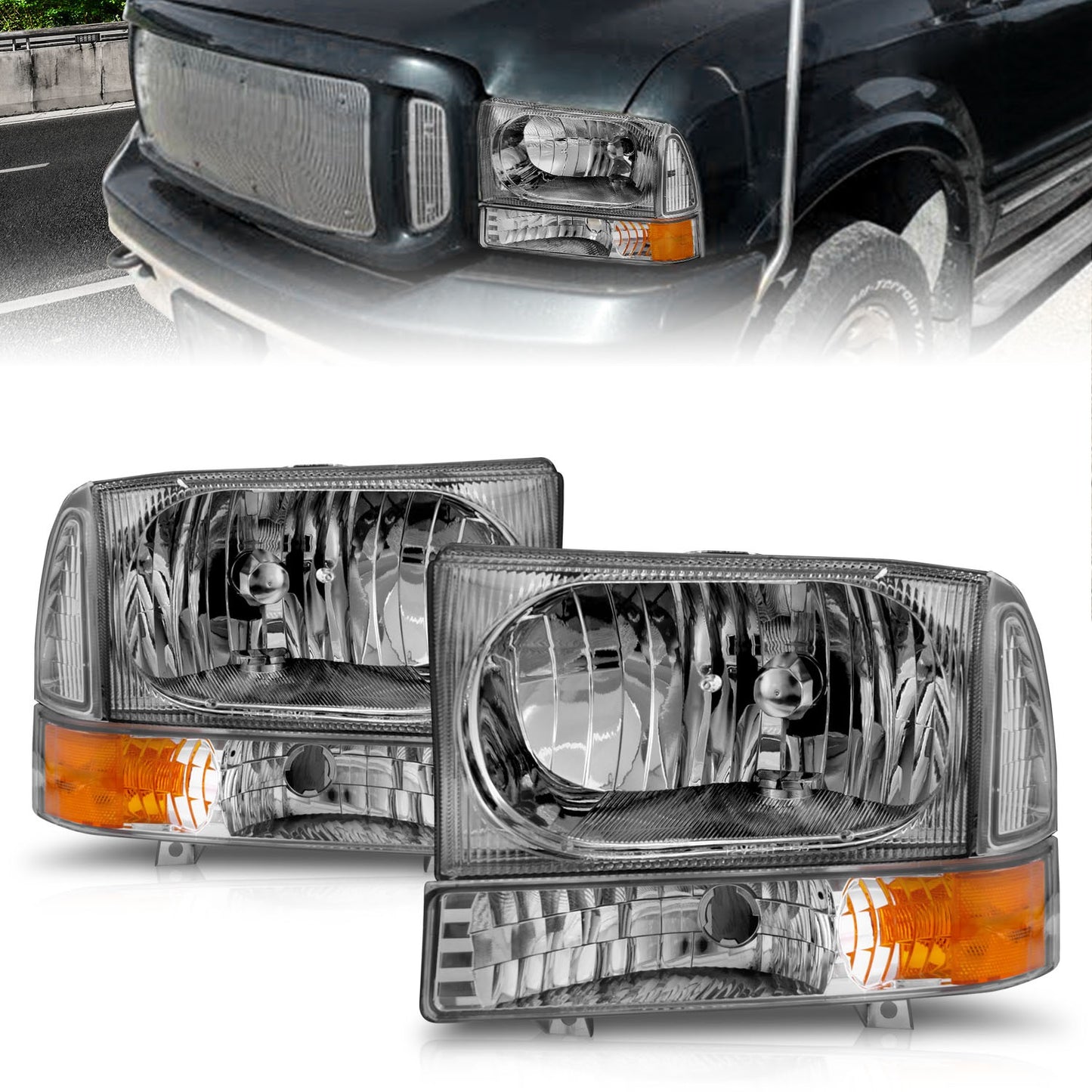 Anzo USA | Crystal Headlight Set Clear Lens Chrome Housing w/Corner Lights 2 pc. Pair | Fits F-250 Super Duty | 111081