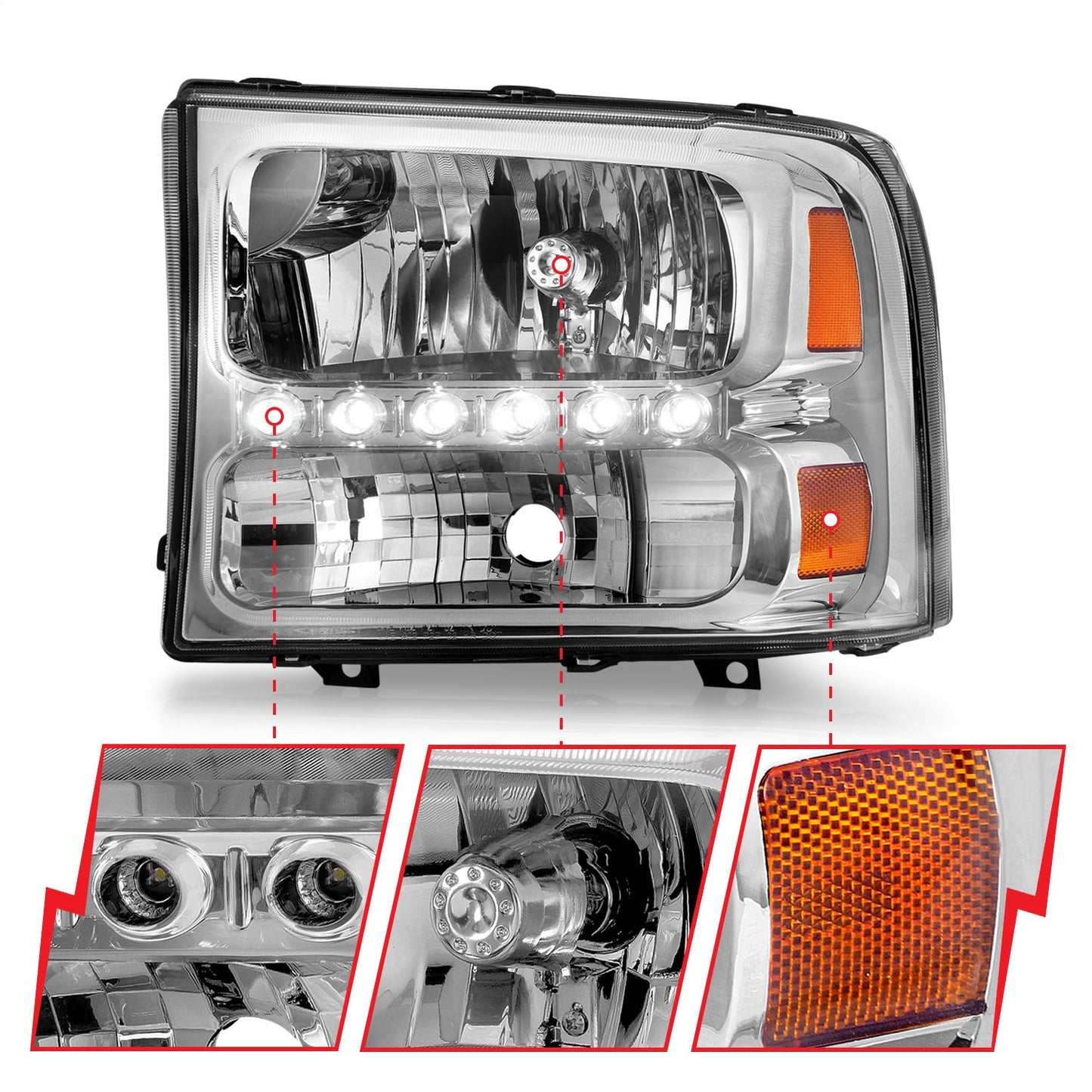 Anzo USA | Crystal Headlight Set Clear Lens Chrome Housing w/LED Bar/ LED Parking Pair | Fits F-250 Super Duty | 111088