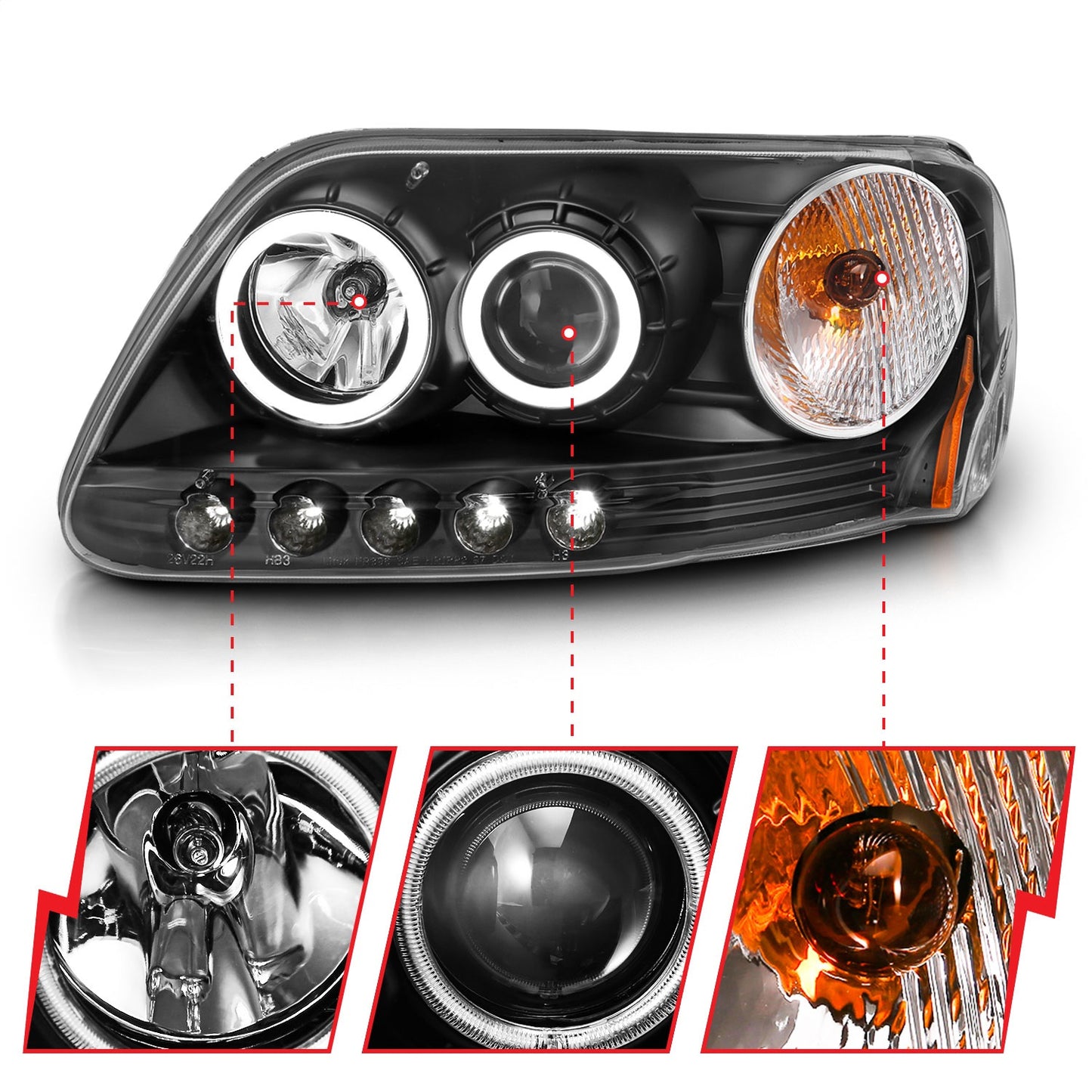 Anzo USA | Projector Headlight Set w/Halo Clear Lens Black Housing RX Halo w/LED Parking/Projector/Halo Pair | Fits F-150 | 111097
