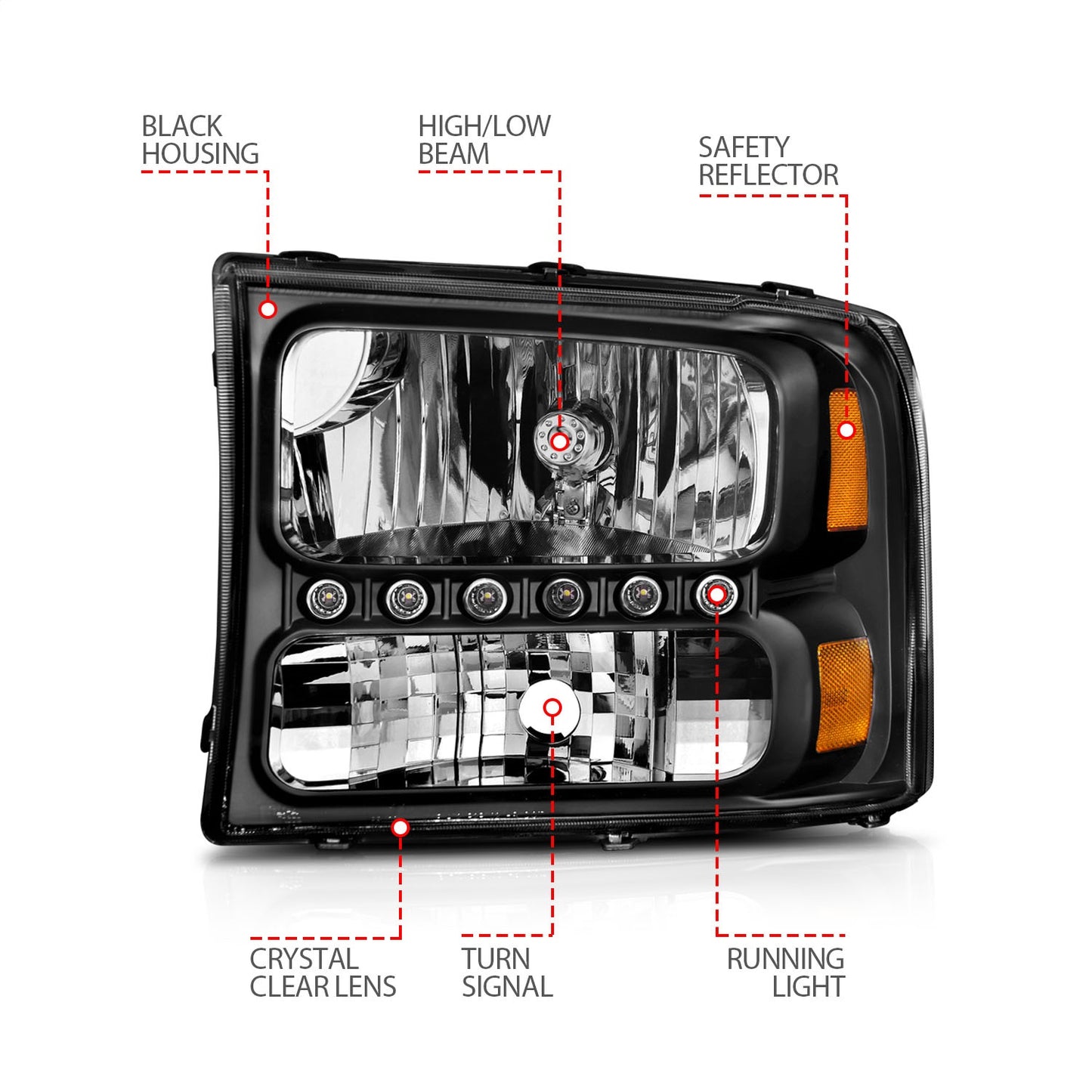Anzo USA | Crystal Headlight Set Clear Lens Black Housing w/LED Pair | Fits F-250 Super Duty | 111106