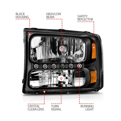 Anzo USA | Crystal Headlight Set Clear Lens Black Housing w/LED Pair | Fits F-250 Super Duty | 111106