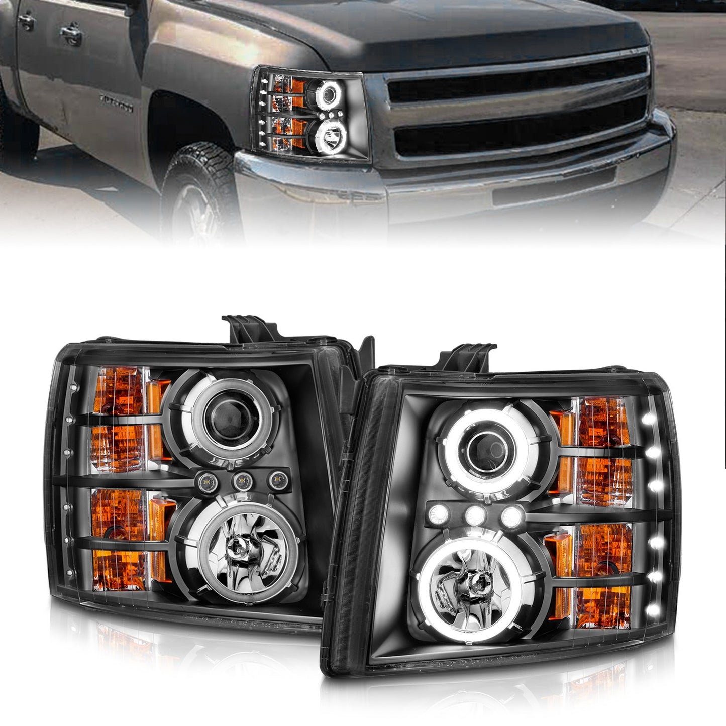 Anzo USA | Projector Headlight Set w/Halo Clear Lens Black Housing RX Halo w/LED Projector/Halo Pair | Fits Silverado 1500 | 111107