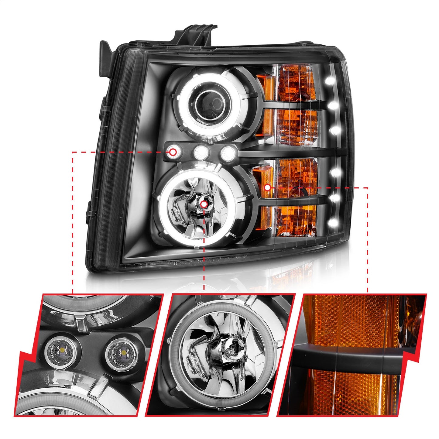 Anzo USA | Projector Headlight Set w/Halo Clear Lens Black Housing RX Halo w/LED Projector/Halo Pair | Fits Silverado 1500 | 111107