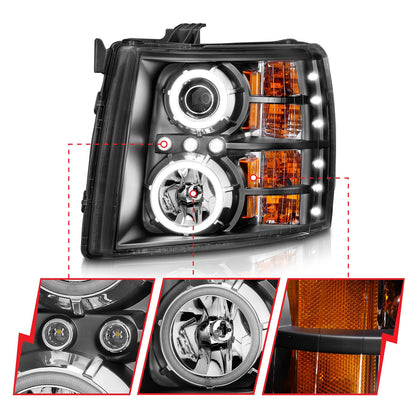 Anzo USA | Projector Headlight Set w/Halo Clear Lens Black Housing RX Halo w/LED Projector/Halo Pair | Fits Silverado 1500 | 111107