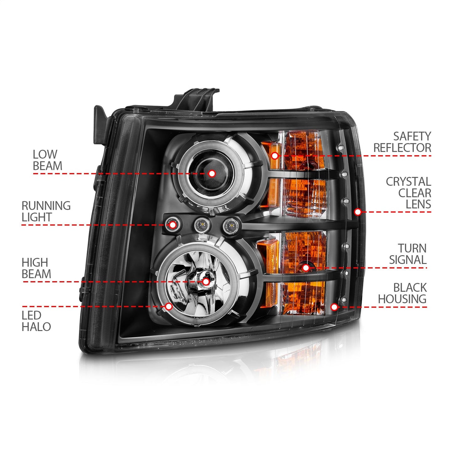 Anzo USA | Projector Headlight Set w/Halo Clear Lens Black Housing RX Halo w/LED Projector/Halo Pair | Fits Silverado 1500 | 111107