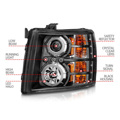 Anzo USA | Projector Headlight Set w/Halo Clear Lens Black Housing RX Halo w/LED Projector/Halo Pair | Fits Silverado 1500 | 111107