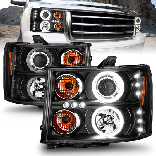 Anzo USA | Projector Headlight Set w/Halo Clear Lens Black Housing RX Halo w/LED Parking/Projector/Halo Pair | Fits Sierra 1500 | 111125