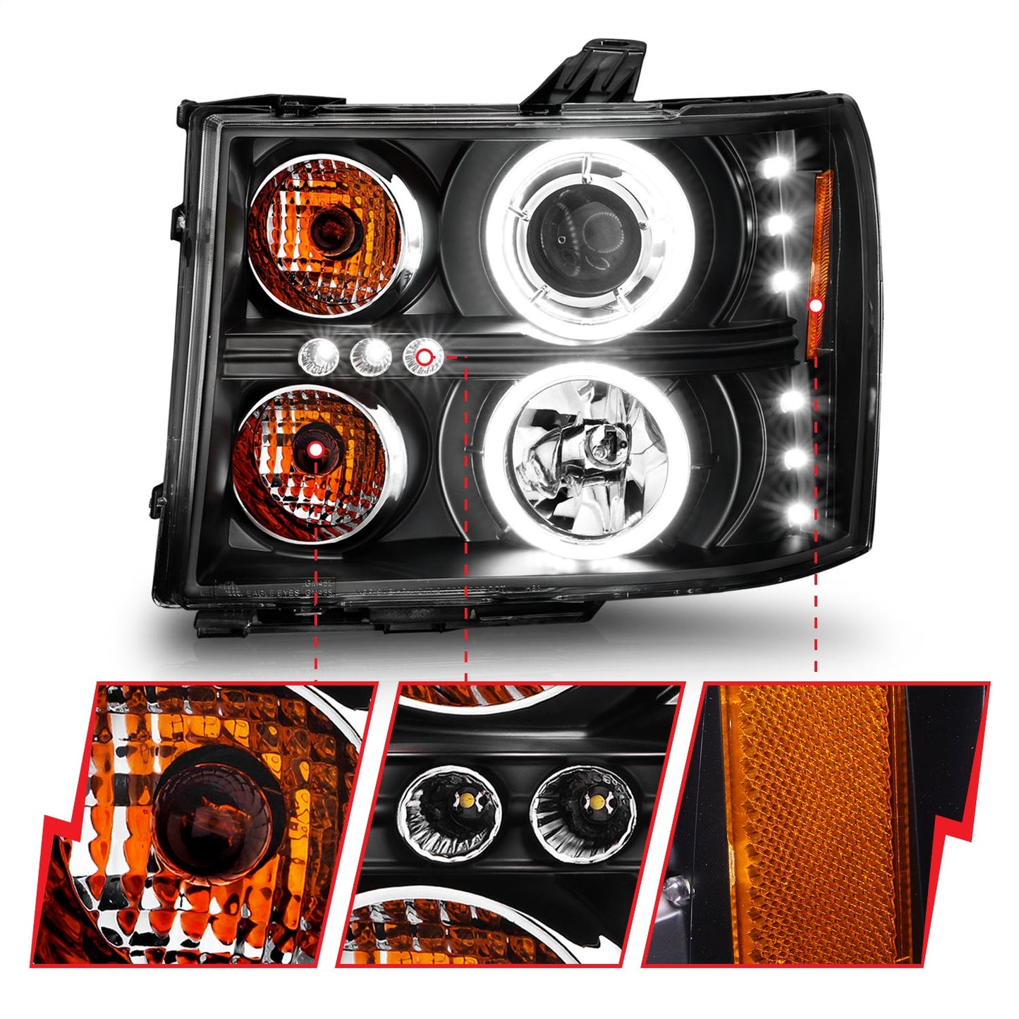 Anzo USA | Projector Headlight Set w/Halo Clear Lens Black Housing RX Halo w/LED Parking/Projector/Halo Pair | Fits Sierra 1500 | 111125