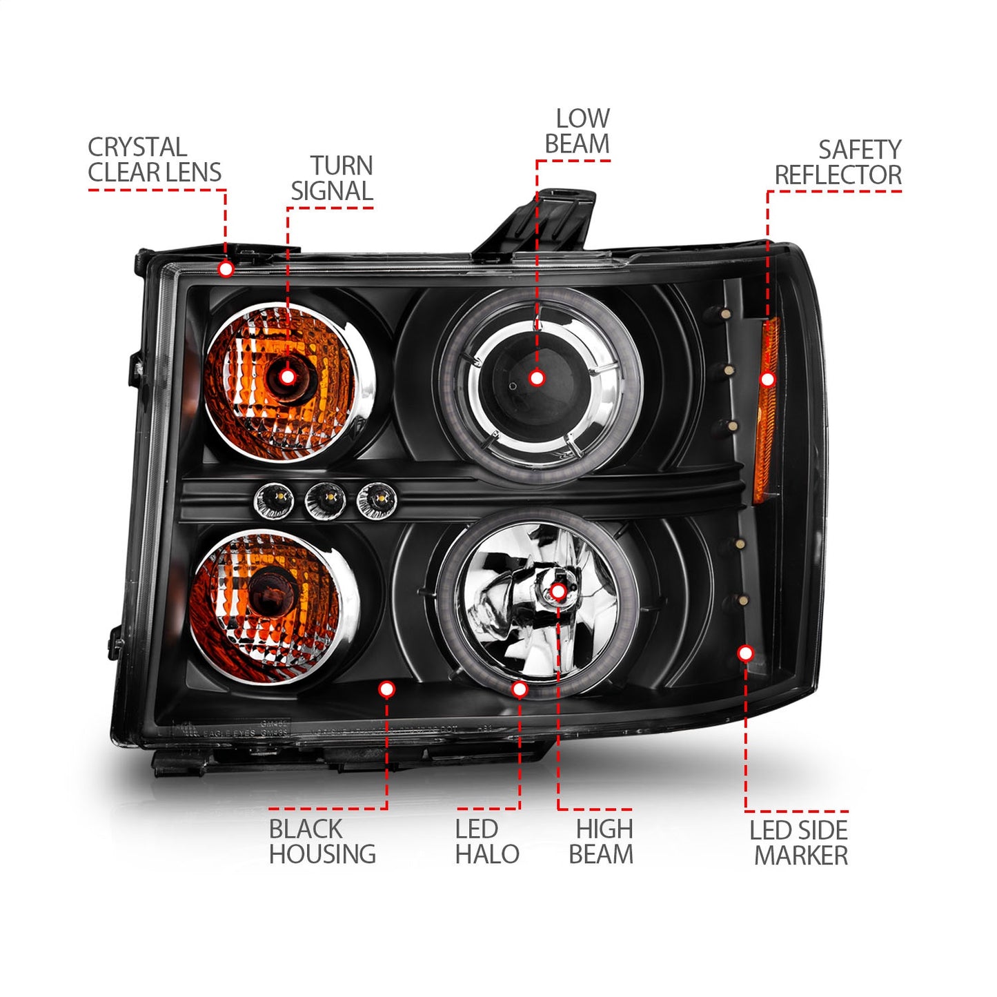 Anzo USA | Projector Headlight Set w/Halo Clear Lens Black Housing RX Halo w/LED Parking/Projector/Halo Pair | Fits Sierra 1500 | 111125