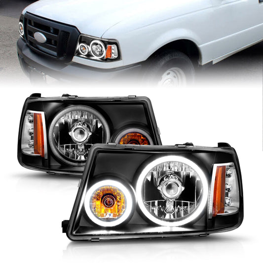 Anzo USA | Crystal Headlight Set w/Halo Clear Lens Black Housing RX Halo w/LED Parking/Halo Pair | Fits Ranger | 111152