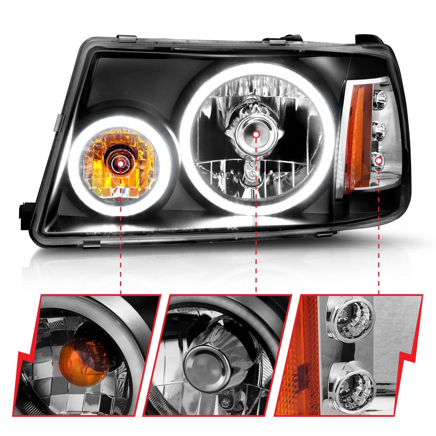Anzo USA | Crystal Headlight Set w/Halo Clear Lens Black Housing RX Halo w/LED Parking/Halo Pair | Fits Ranger | 111152