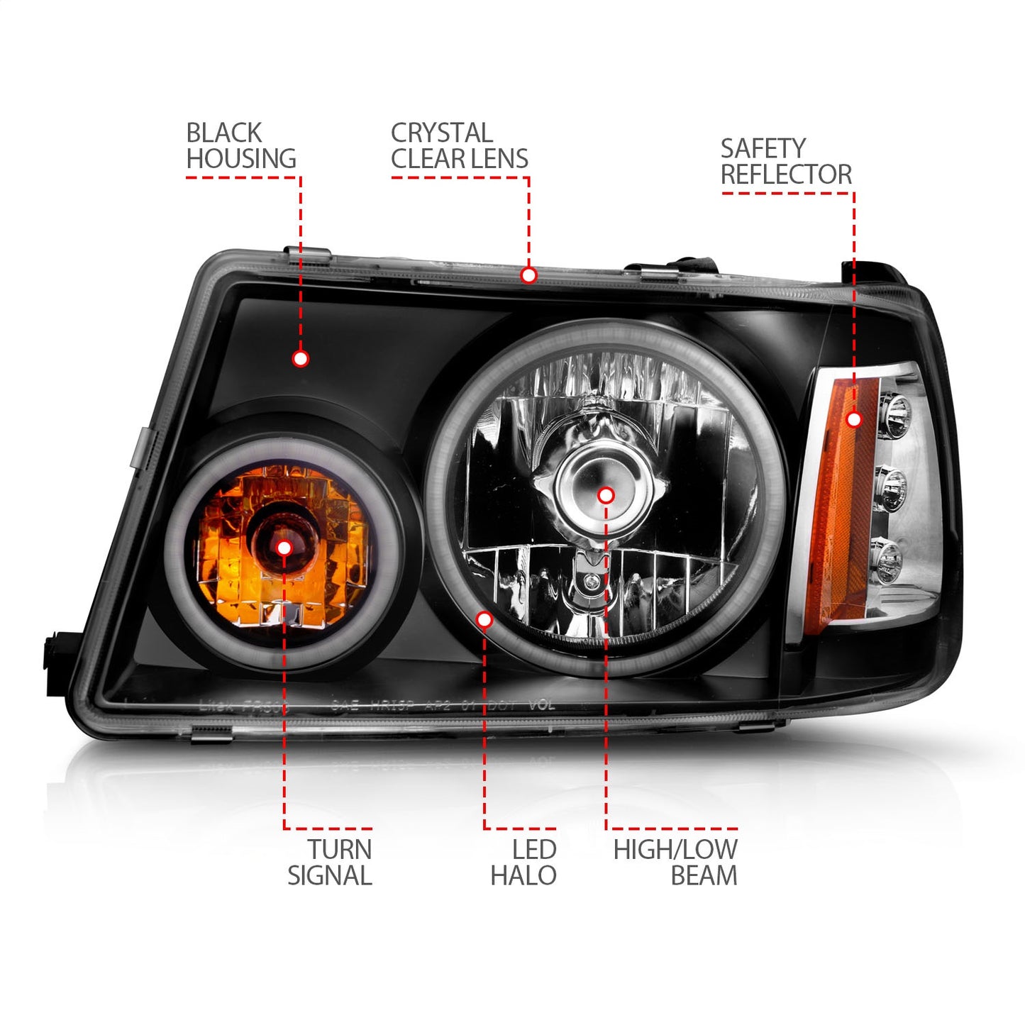 Anzo USA | Crystal Headlight Set w/Halo Clear Lens Black Housing RX Halo w/LED Parking/Halo Pair | Fits Ranger | 111152