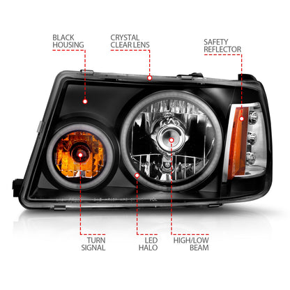 Anzo USA | Crystal Headlight Set w/Halo Clear Lens Black Housing RX Halo w/LED Parking/Halo Pair | Fits Ranger | 111152