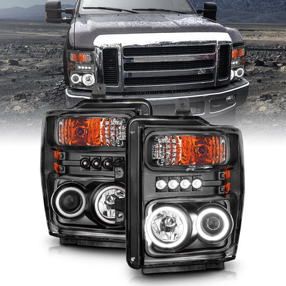 Anzo USA | Projector Headlight Set w/Halo  Clear Lens  Black Housing  RX Halo  w/LED Parking/Projector/Halo  Pair  |  Fits F-250 Super Duty | 111168