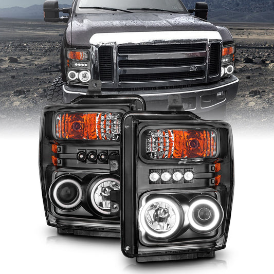 Anzo USA | Projector Headlight Set w/Halo  Clear Lens  Black Housing  RX Halo  w/LED Parking/Projector/Halo  Pair  |  Fits F-250 Super Duty | 111168