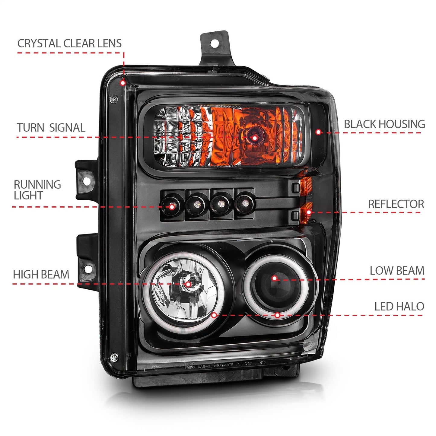 Anzo USA | Projector Headlight Set w/Halo  Clear Lens  Black Housing  RX Halo  w/LED Parking/Projector/Halo  Pair  |  Fits F-250 Super Duty | 111168