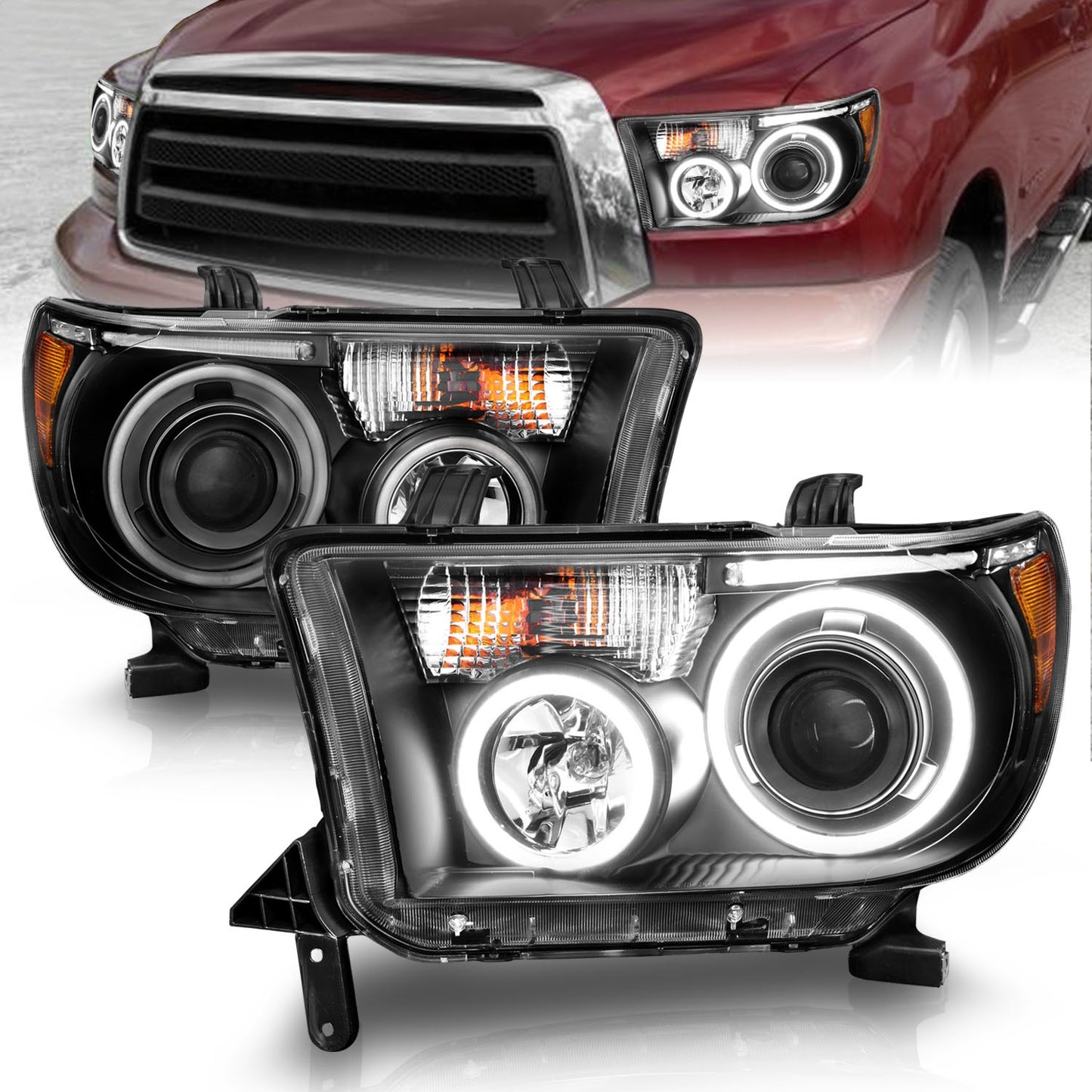 Anzo USA | Projector Headlight Set w/Halo Clear Lens Black Housing RX Halo w/LED Bar/Turn Signal/Parking/Projector/Halo Pair | Fits Tundra | 111174