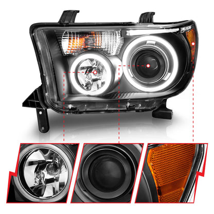 Anzo USA | Projector Headlight Set w/Halo Clear Lens Black Housing RX Halo w/LED Bar/Turn Signal/Parking/Projector/Halo Pair | Fits Tundra | 111174