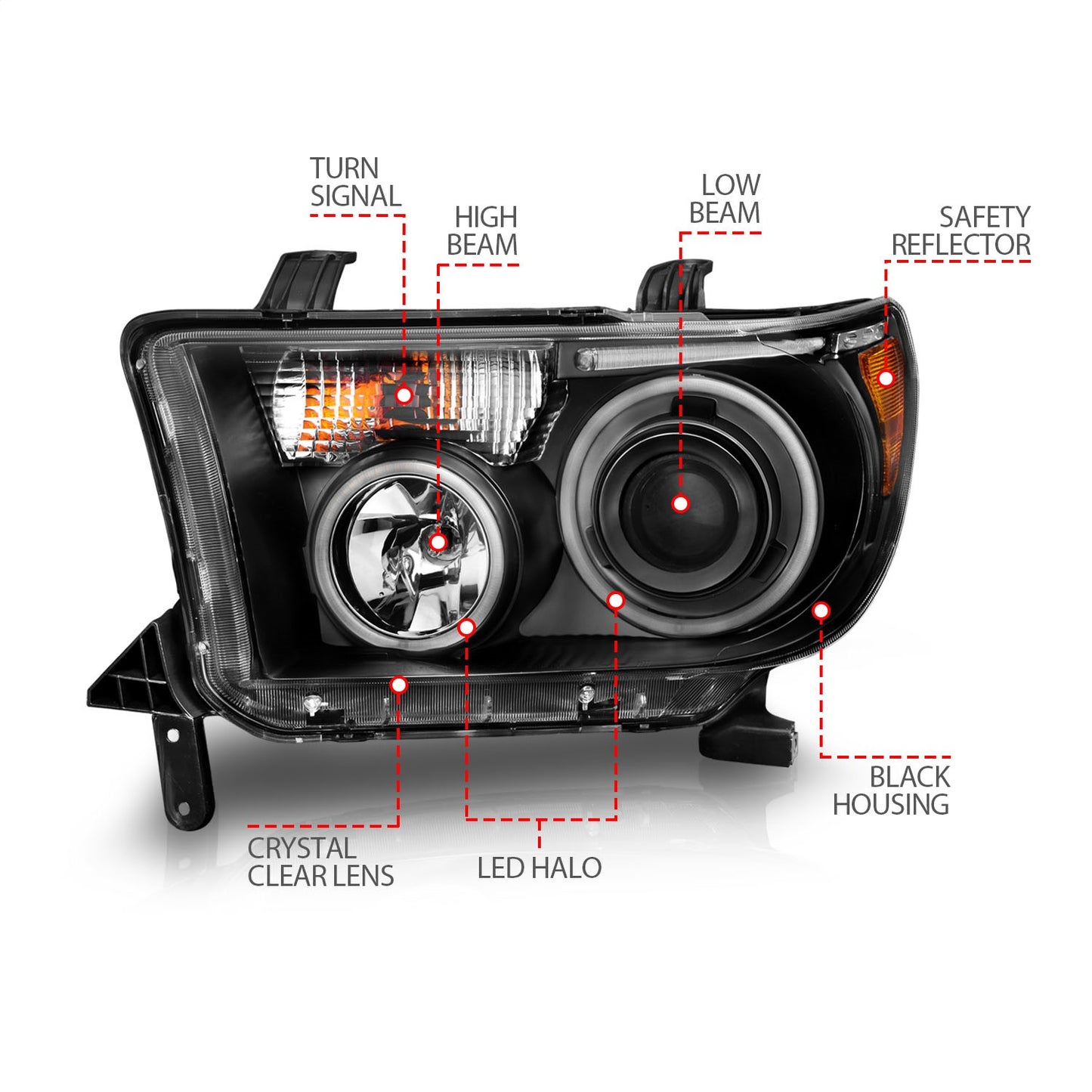 Anzo USA | Projector Headlight Set w/Halo Clear Lens Black Housing RX Halo w/LED Bar/Turn Signal/Parking/Projector/Halo Pair | Fits Tundra | 111174