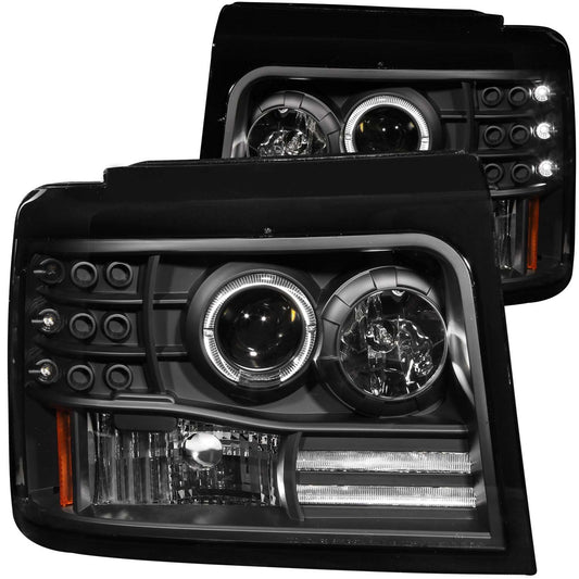 Anzo USA | Projector Headlight Set w/Halo Clear Lens Black Housing w/LED Bar/Parking/Projector/Halo Pair | Fits F-150 | 111184