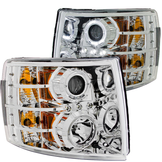 Anzo USA | Projector Headlight Set w/Halo Clear Lens Chrome Housing w/LED Parking/Projector/Halo Pair | Fits Silverado 1500 | 111199