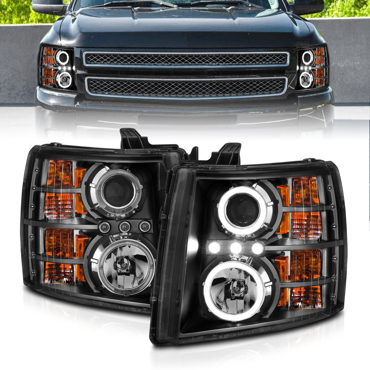 Anzo USA | Projector Headlight Set w/Halo Clear Lens Black Housing w/LED Parking/Projector/Halo Pair | Fits Silverado 1500 | 111200