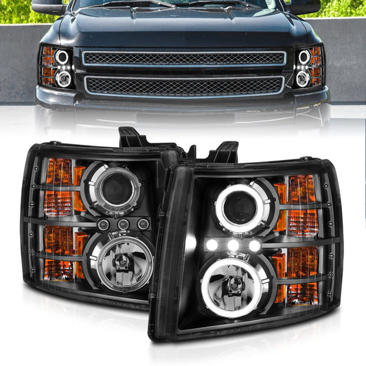 Anzo USA | Projector Headlight Set w/Halo Clear Lens Black Housing w/LED Parking/Projector/Halo Pair | Fits Silverado 1500 | 111200