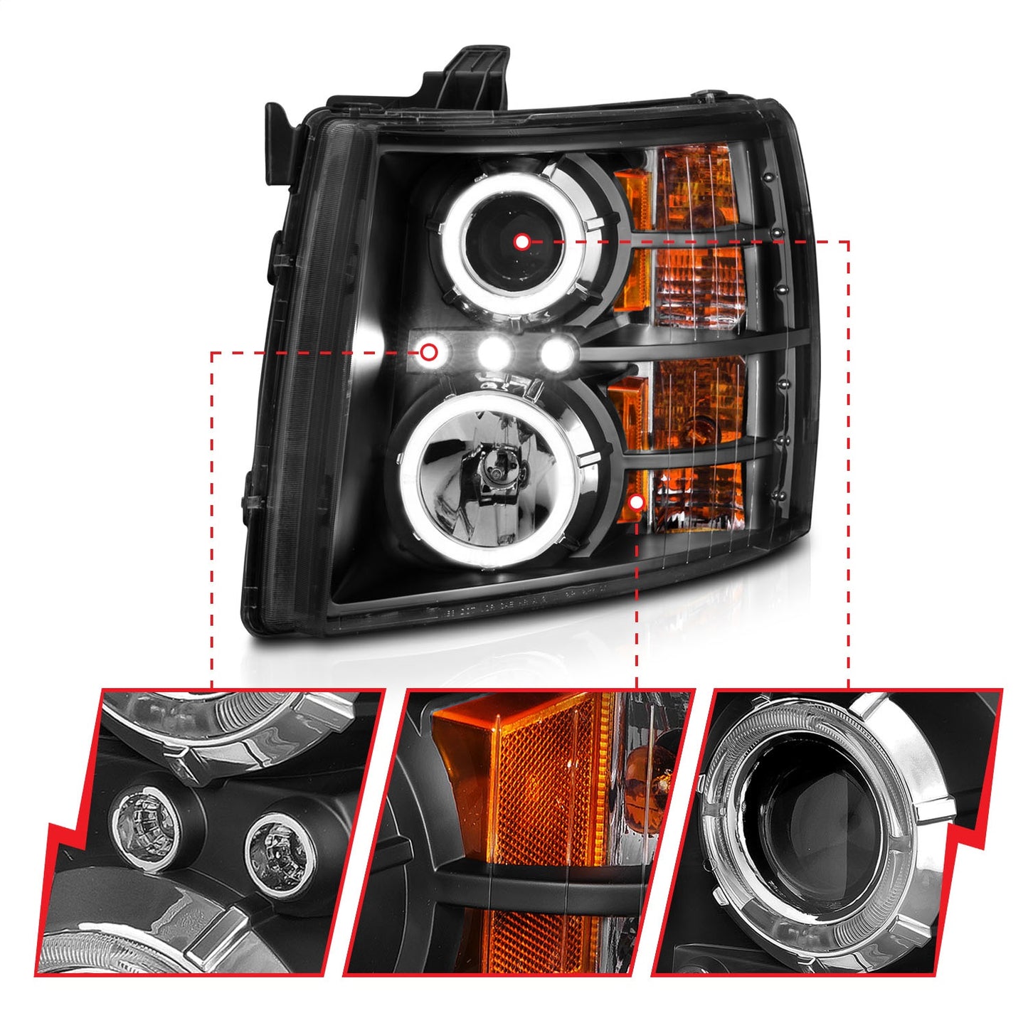 Anzo USA | Projector Headlight Set w/Halo Clear Lens Black Housing w/LED Parking/Projector/Halo Pair | Fits Silverado 1500 | 111200