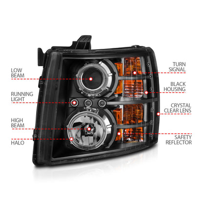 Anzo USA | Projector Headlight Set w/Halo Clear Lens Black Housing w/LED Parking/Projector/Halo Pair | Fits Silverado 1500 | 111200
