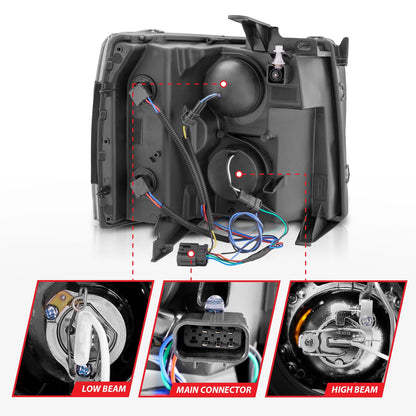 Anzo USA | Projector Headlight Set w/Halo Clear Lens Black Housing w/LED Parking/Projector/Halo Pair | Fits Silverado 1500 | 111200