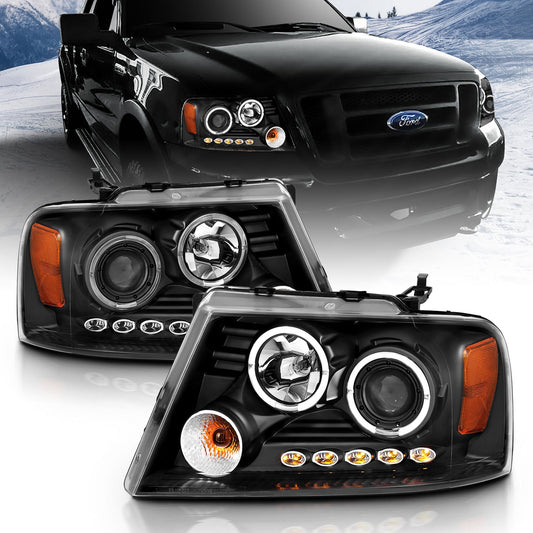 Anzo USA | Projector Headlight Set w/Halo Clear Lens Black Housing w/2 Halos w/LED Parking/Projector/Halos G2 Pair | Fits F-150 | 111204