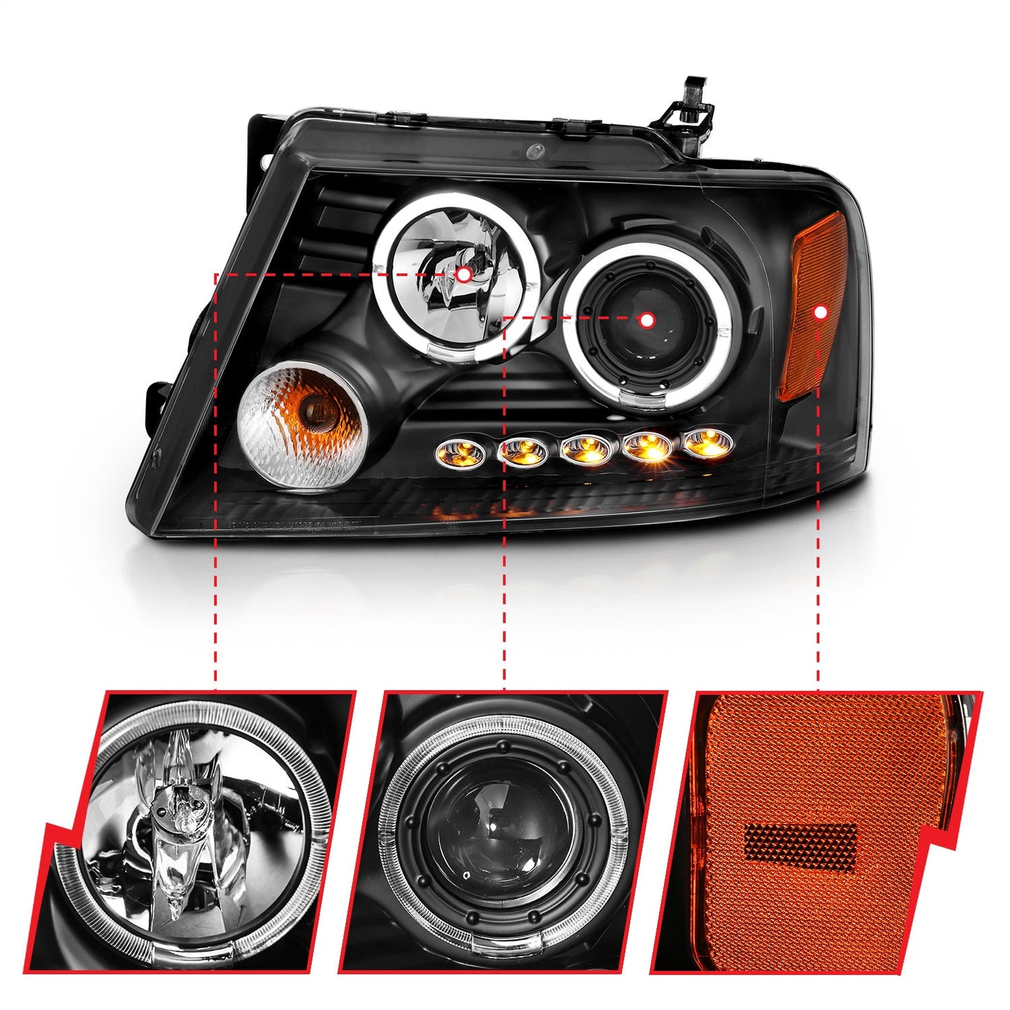 Anzo USA | Projector Headlight Set w/Halo Clear Lens Black Housing w/2 Halos w/LED Parking/Projector/Halos G2 Pair | Fits F-150 | 111204