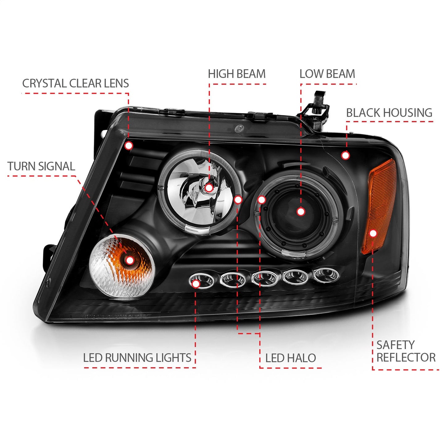 Anzo USA | Projector Headlight Set w/Halo Clear Lens Black Housing w/2 Halos w/LED Parking/Projector/Halos G2 Pair | Fits F-150 | 111204