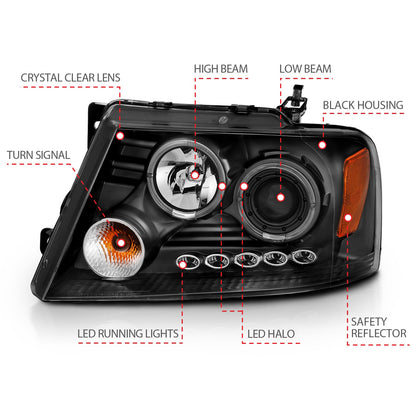 Anzo USA | Projector Headlight Set w/Halo Clear Lens Black Housing w/2 Halos w/LED Parking/Projector/Halos G2 Pair | Fits F-150 | 111204