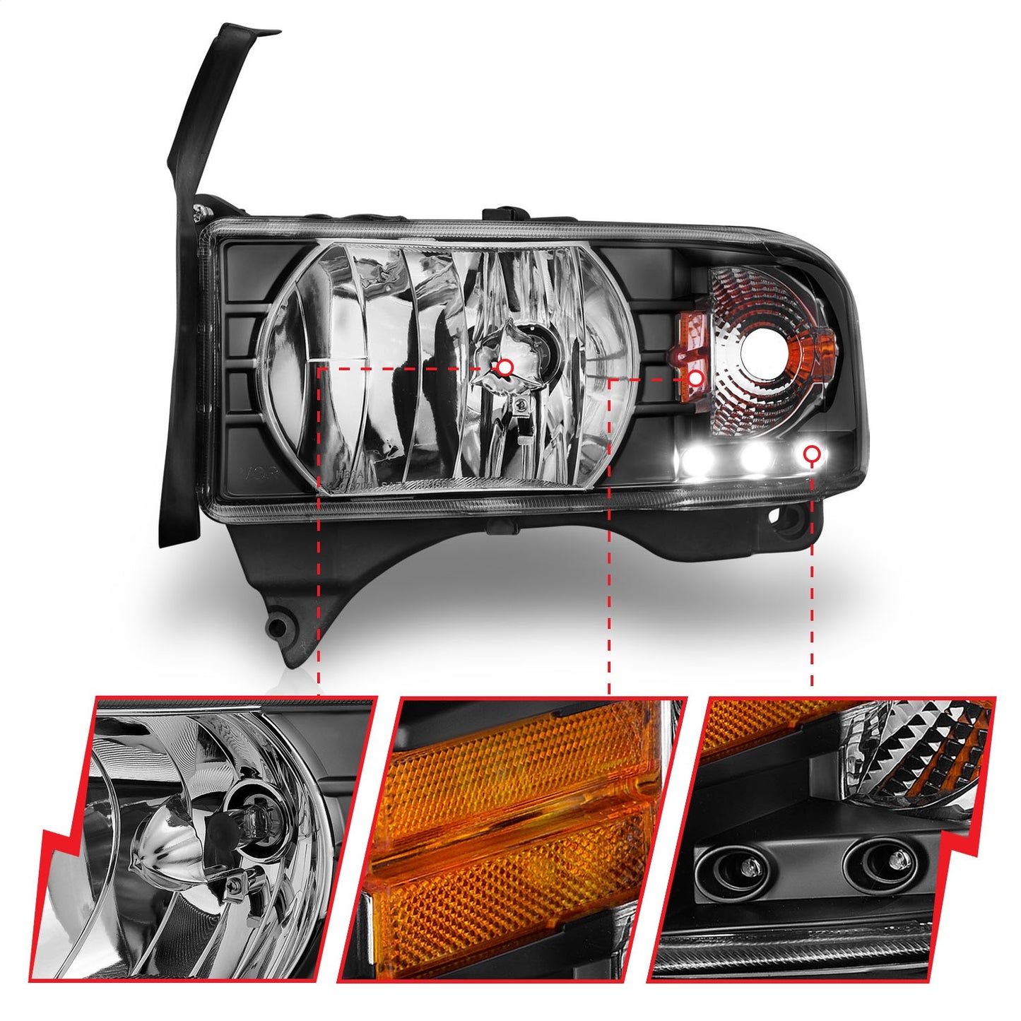 Anzo USA | Crystal Headlight Set Clear Lens Black Housing w/LED Accent Pair | Fits Ram 1500 | 111205