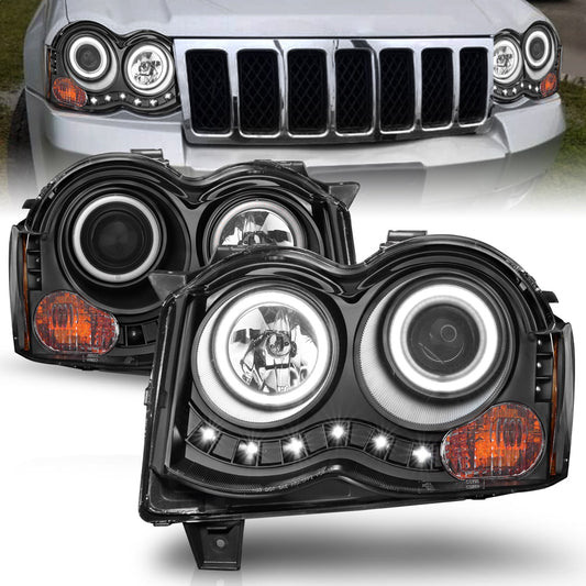 Anzo USA | Projector Headlight Set w/Halo Clear Lens Black Housing RX Halo w/LED Parking/Projector/Halo Pair | Fits Grand Cherokee | 111213