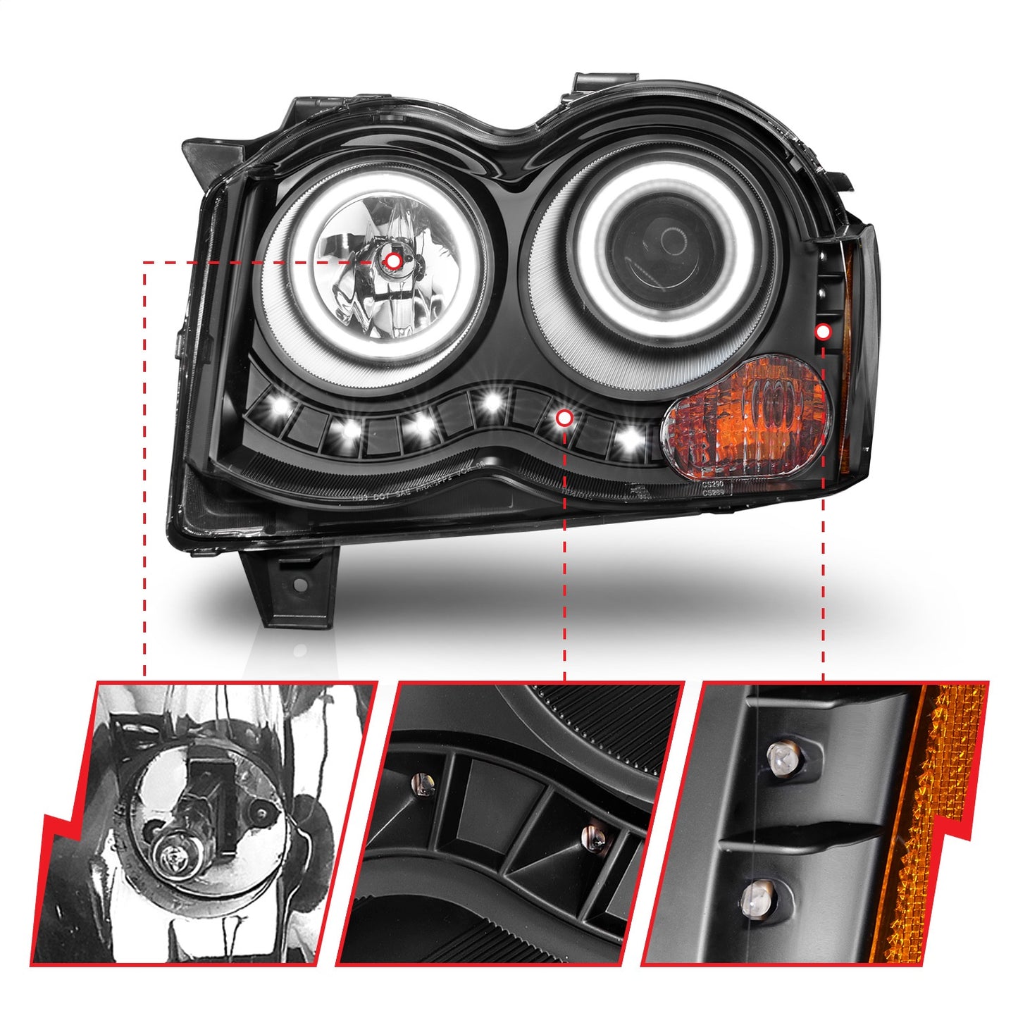 Anzo USA | Projector Headlight Set w/Halo Clear Lens Black Housing RX Halo w/LED Parking/Projector/Halo Pair | Fits Grand Cherokee | 111213