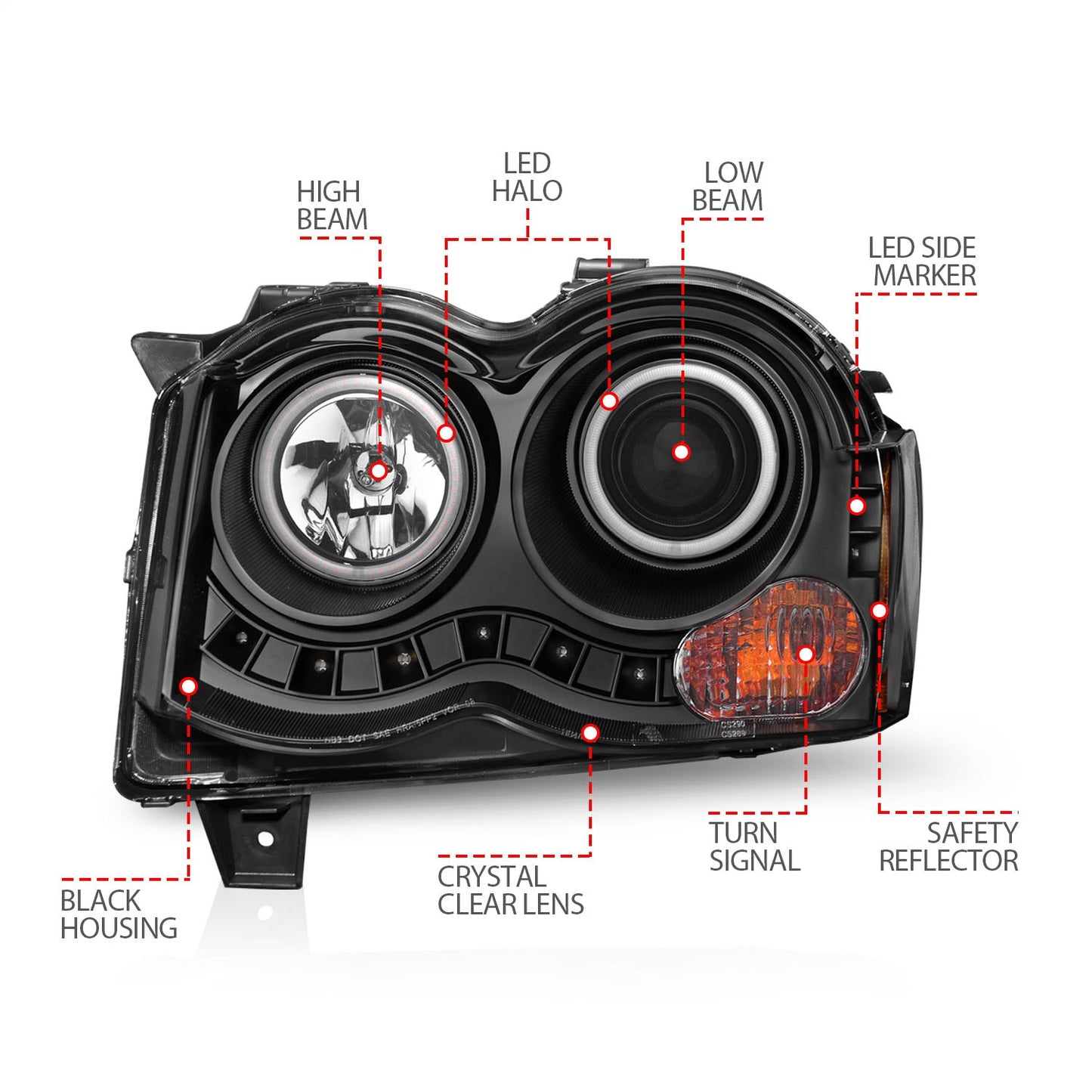 Anzo USA | Projector Headlight Set w/Halo Clear Lens Black Housing RX Halo w/LED Parking/Projector/Halo Pair | Fits Grand Cherokee | 111213