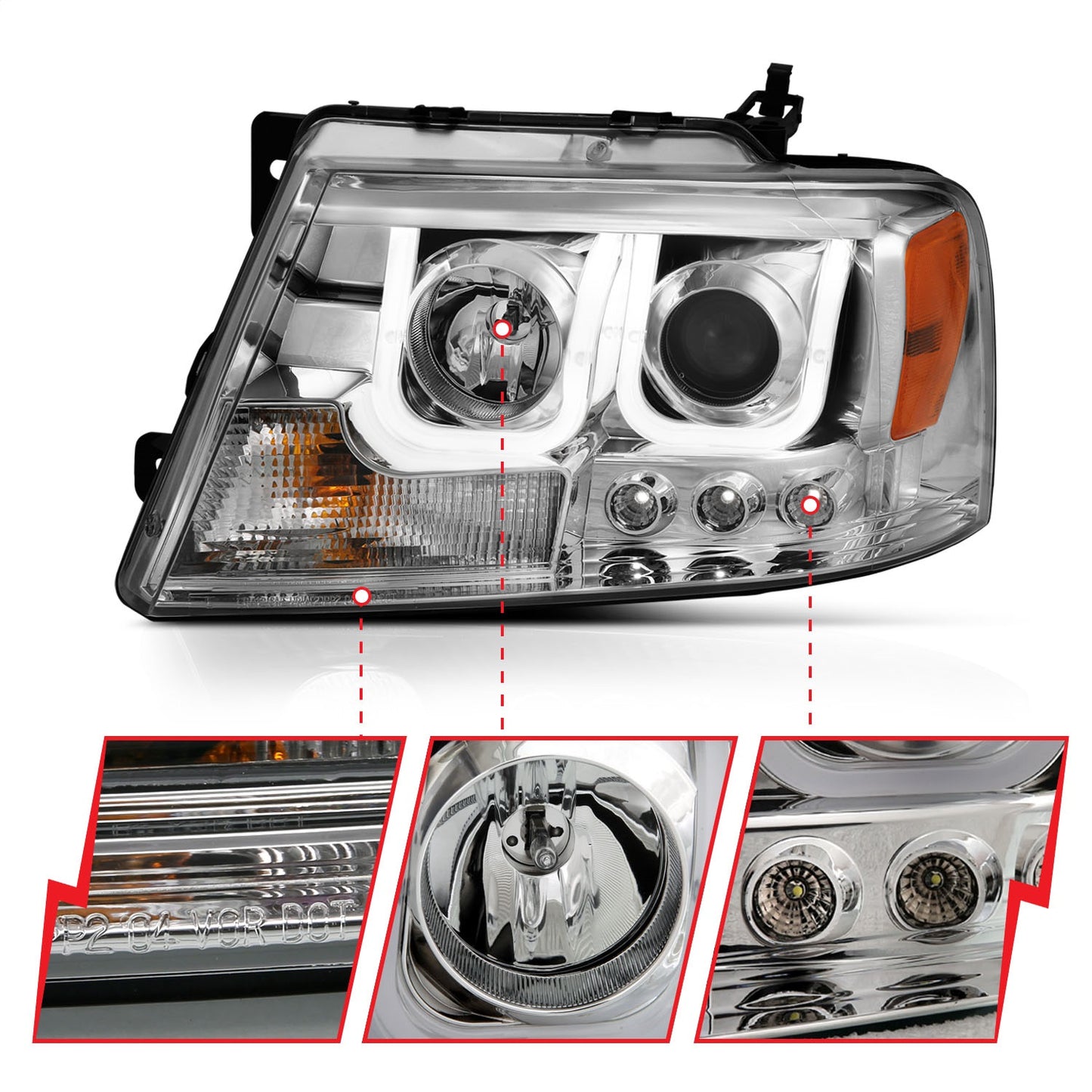 Anzo USA | Projector Headlight Set Clear Lens Chrome Housing w/U-Bar Pair | Fits F-150 | 111287