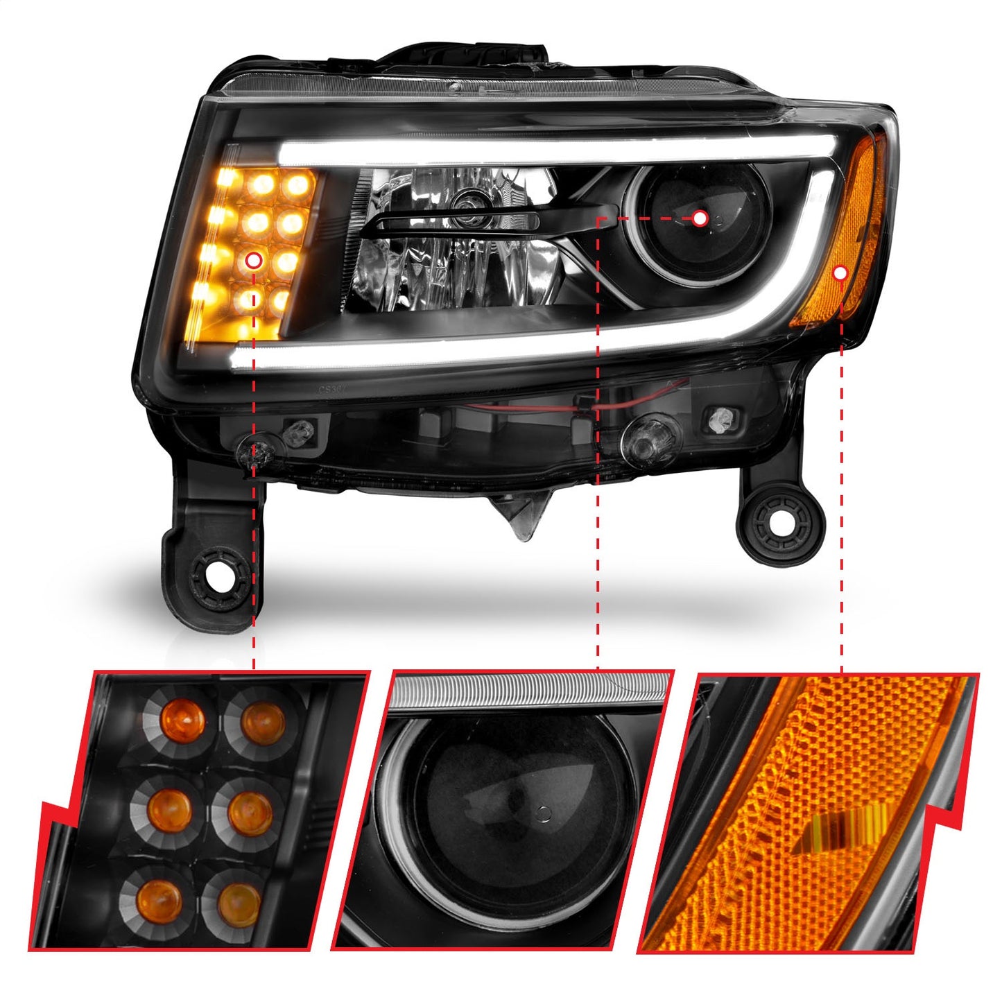 Anzo USA | Projector Headlight Set Clear Lens Black Housing Pair w/Plank Style Design | Fits Grand Cherokee | 111329