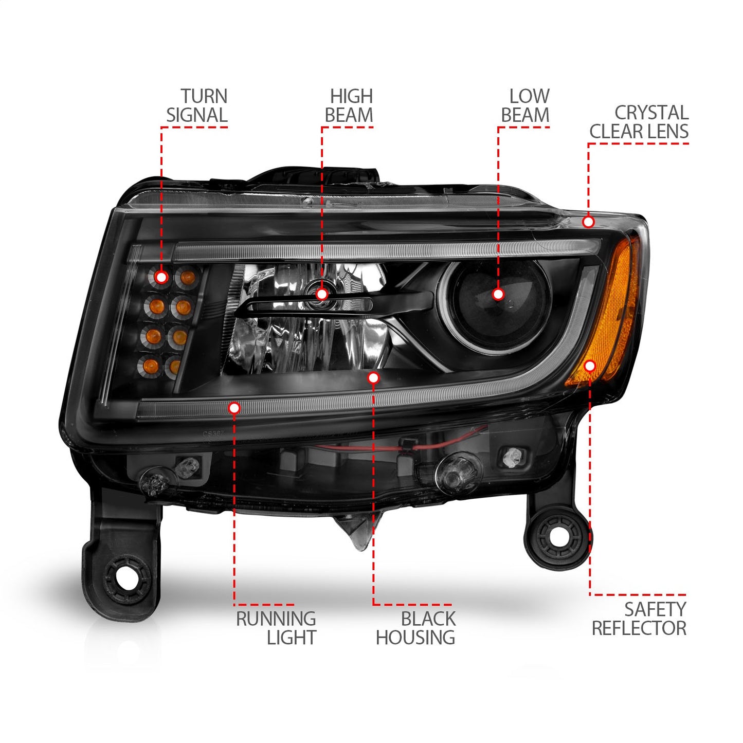 Anzo USA | Projector Headlight Set Clear Lens Black Housing Pair w/Plank Style Design | Fits Grand Cherokee | 111329