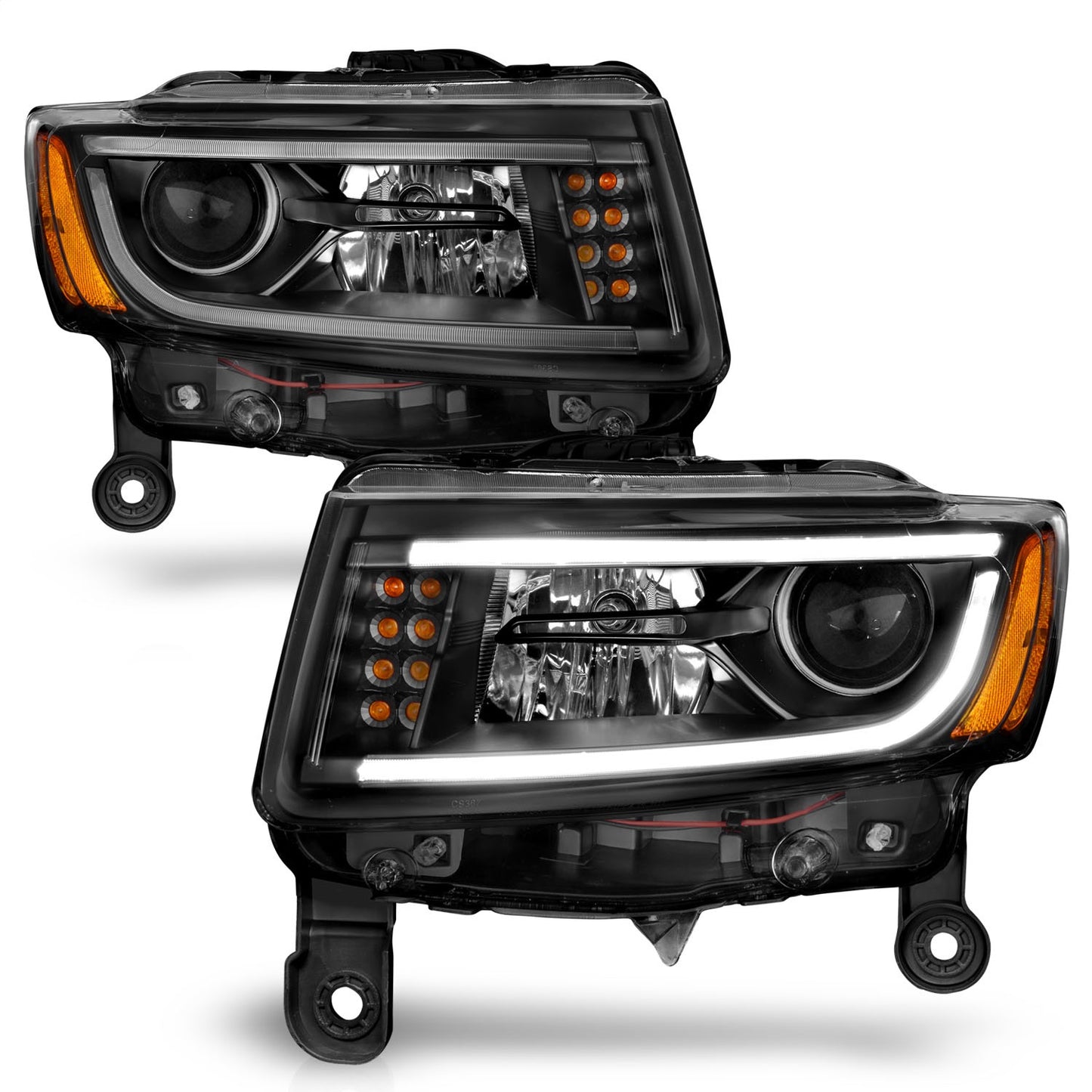 Anzo USA | Projector Headlight Set Clear Lens Black Housing Pair w/Plank Style Design | Fits Grand Cherokee | 111329