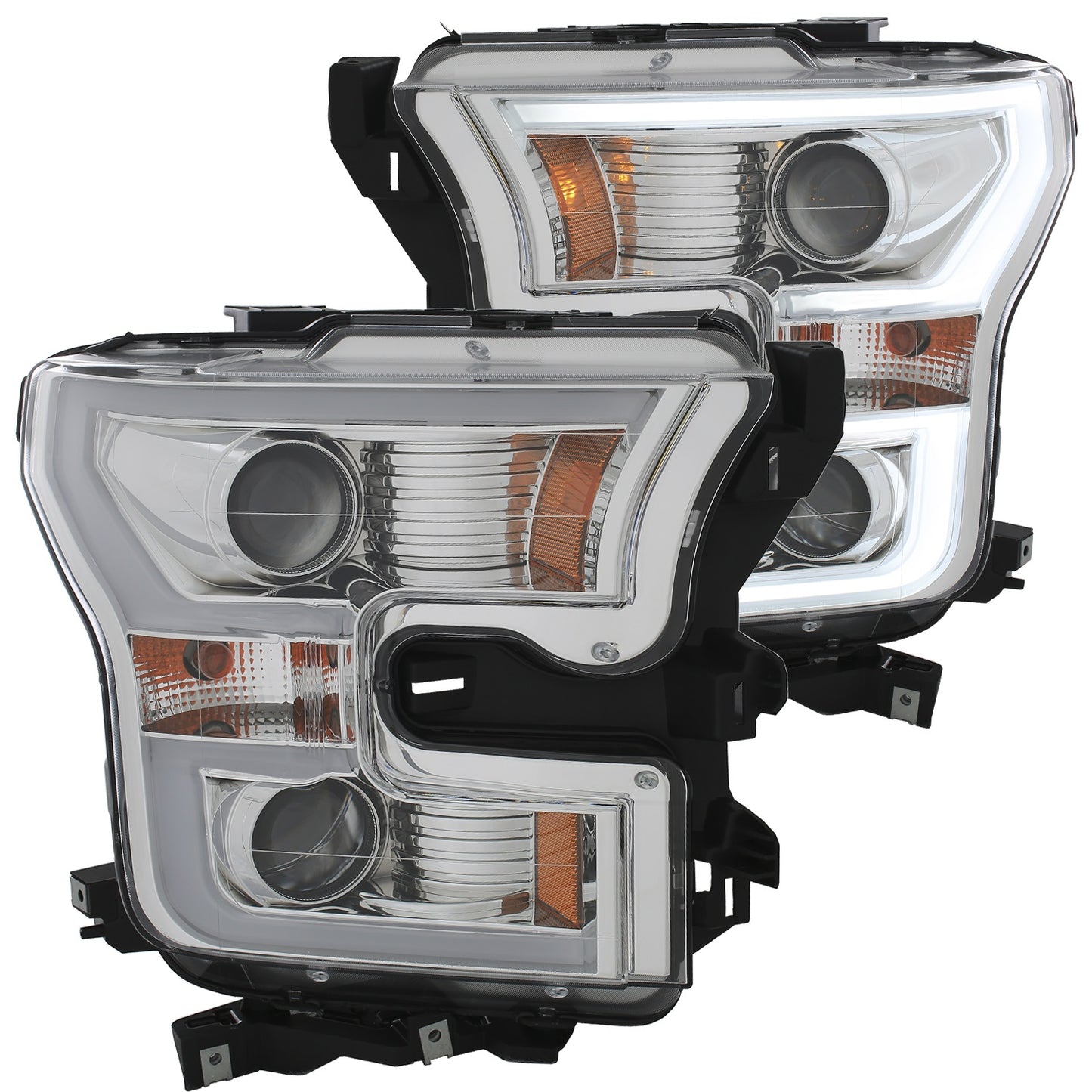 Anzo USA | Projector Headlight Set Amber Lens Chrome Housing Pair w/Plank Style Back | Fits F-150 | 111348