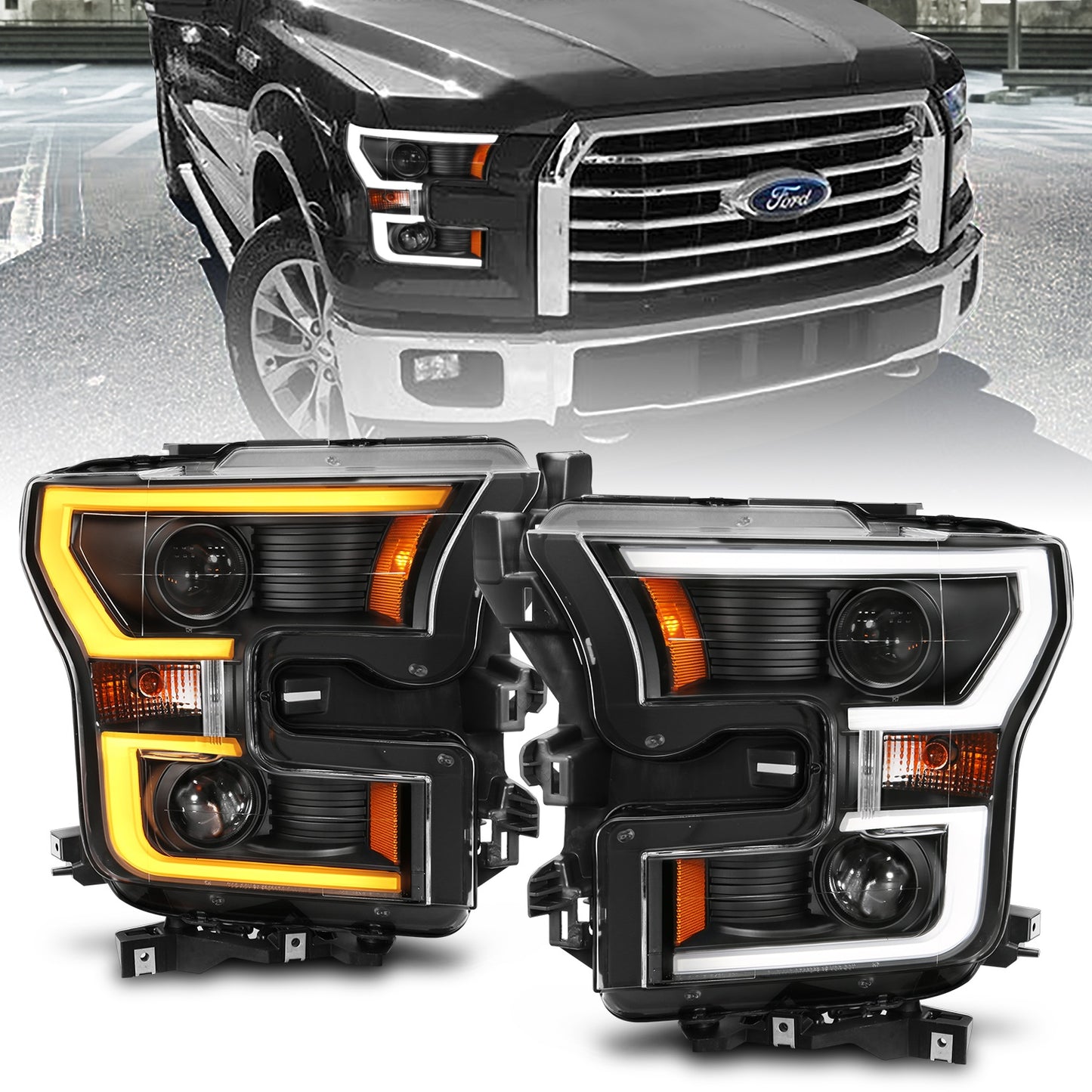 Anzo USA | Projector Headlight Set Clear Lens w/Plank Style Switchback Black w/Amber Pair | Fits F-150 | 111357