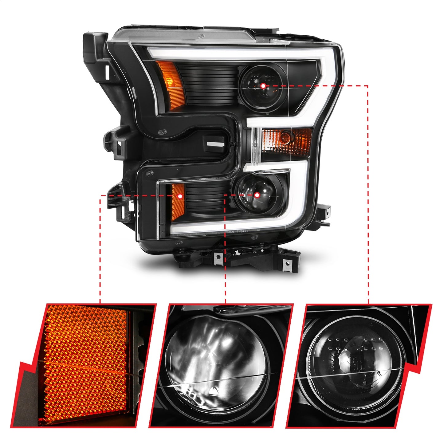 Anzo USA | Projector Headlight Set Clear Lens w/Plank Style Switchback Black w/Amber Pair | Fits F-150 | 111357