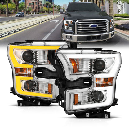 Anzo USA | Projector Headlight Set Clear Lens w/Plank Style Switchback Chrome w/Amber Pair | Fits F-150 | 111358