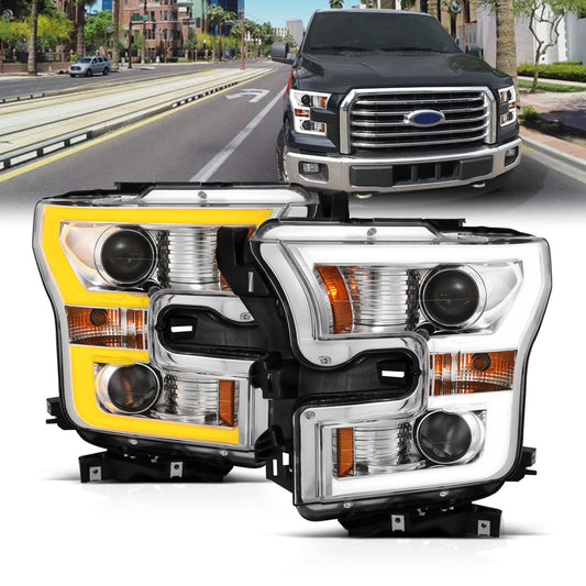 Anzo USA | Projector Headlight Set Clear Lens w/Plank Style Switchback Chrome w/Amber Pair | Fits F-150 | 111358